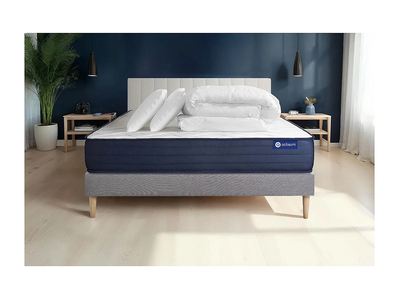 Pack prêt à dormir matelas ACTIMEMO LIFE 140x200 Mémoire de forme 5zones de confort + sommier KIT gris + 2oreillers +couette