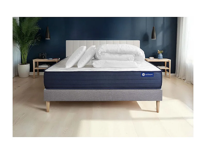 Pack prêt à dormir matelas ACTIMEMO LIFE 140x200 Mémoire de forme 5zones de confort + sommier KIT gris + 2oreillers +couette
