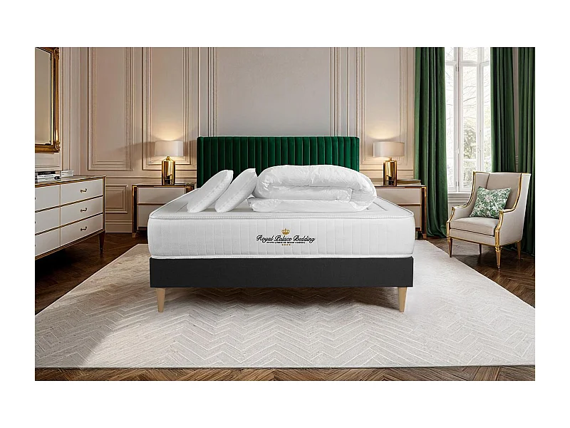 Pack prêt à dormir 140x190 matelas LANCASTER ressorts ensachés et mémoire de forme + sommier kit noir + Couette + 2 oreillers