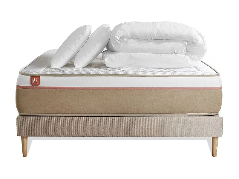 Pack prêt à dormir matelas LE SOYEUX 200x200cm Ressorts ensachés + Mémoire de forme BioVisco + sommier kit Beige