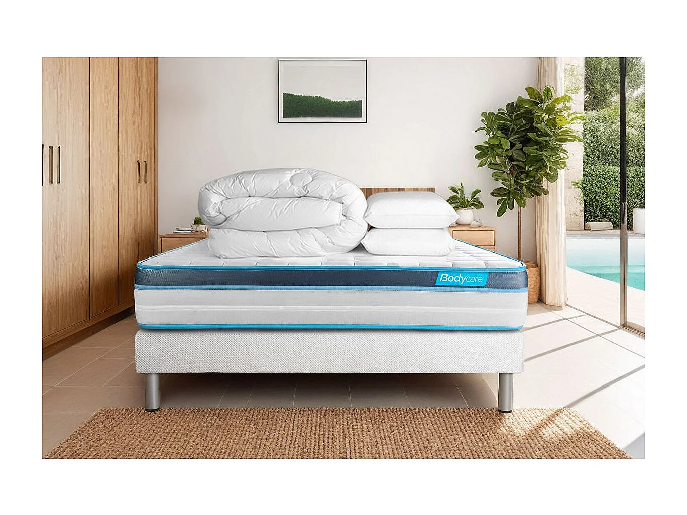 Pack 160x200 matelas BodyFit + sommier kit blanc + Couette 260x240cm + 2 oreillers 60x40cm