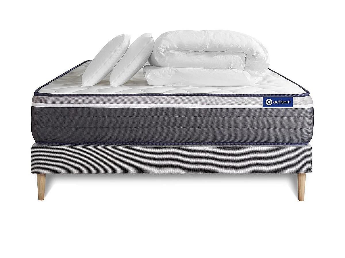 Pack prêt à dormir matelas ACTIFLEX PLUS 140x190 Ressorts ensachés+Mémoire de forme + sommier KIT gris + 2 oreillers+couette