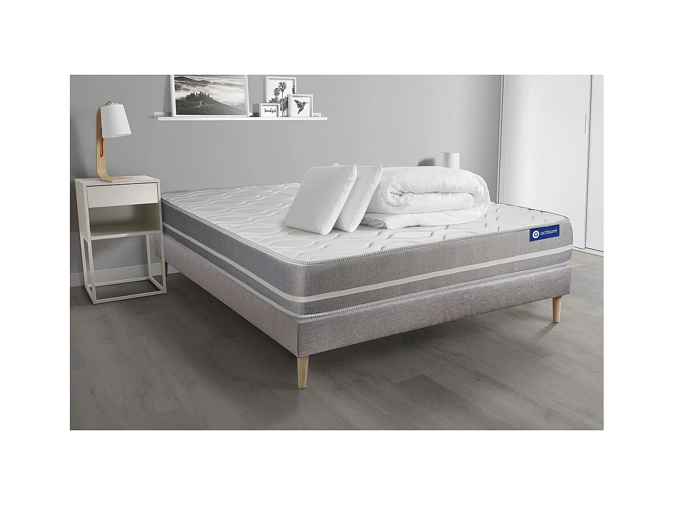 Pack prêt à dormir matelas Mémoire de forme ACTIMEMO TOUCH 180x200 3zones confort + sommier KIT gris + 2 oreillers + couette