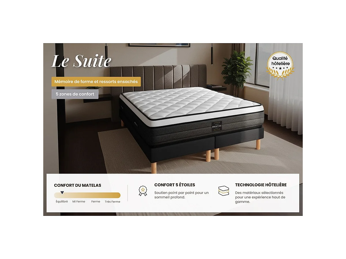 Ensemble Suite 180x200 Ressorts ensachés, mémoire de forme 5 zones double sommier noir