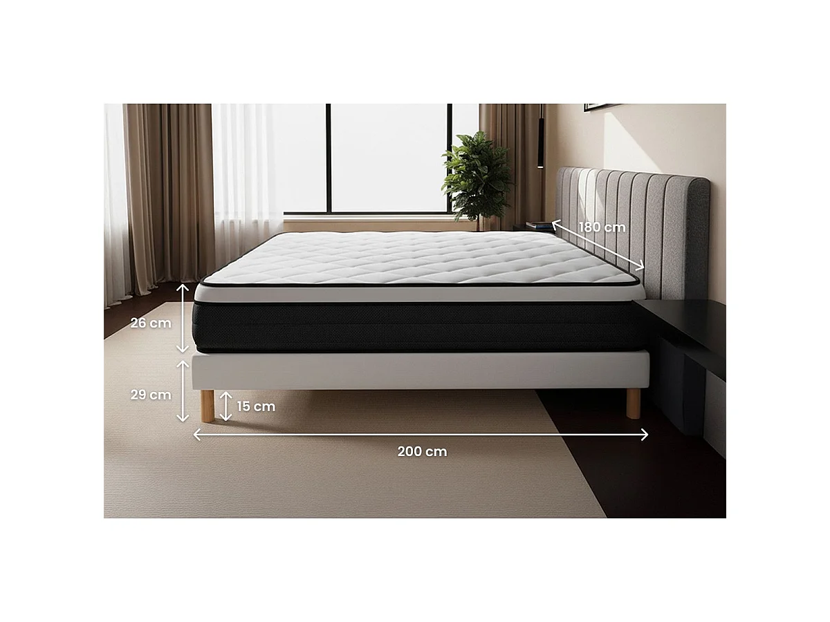 Ensemble Suite 180x200 Ressorts ensachés, mémoire de forme 5 zones double sommier noir