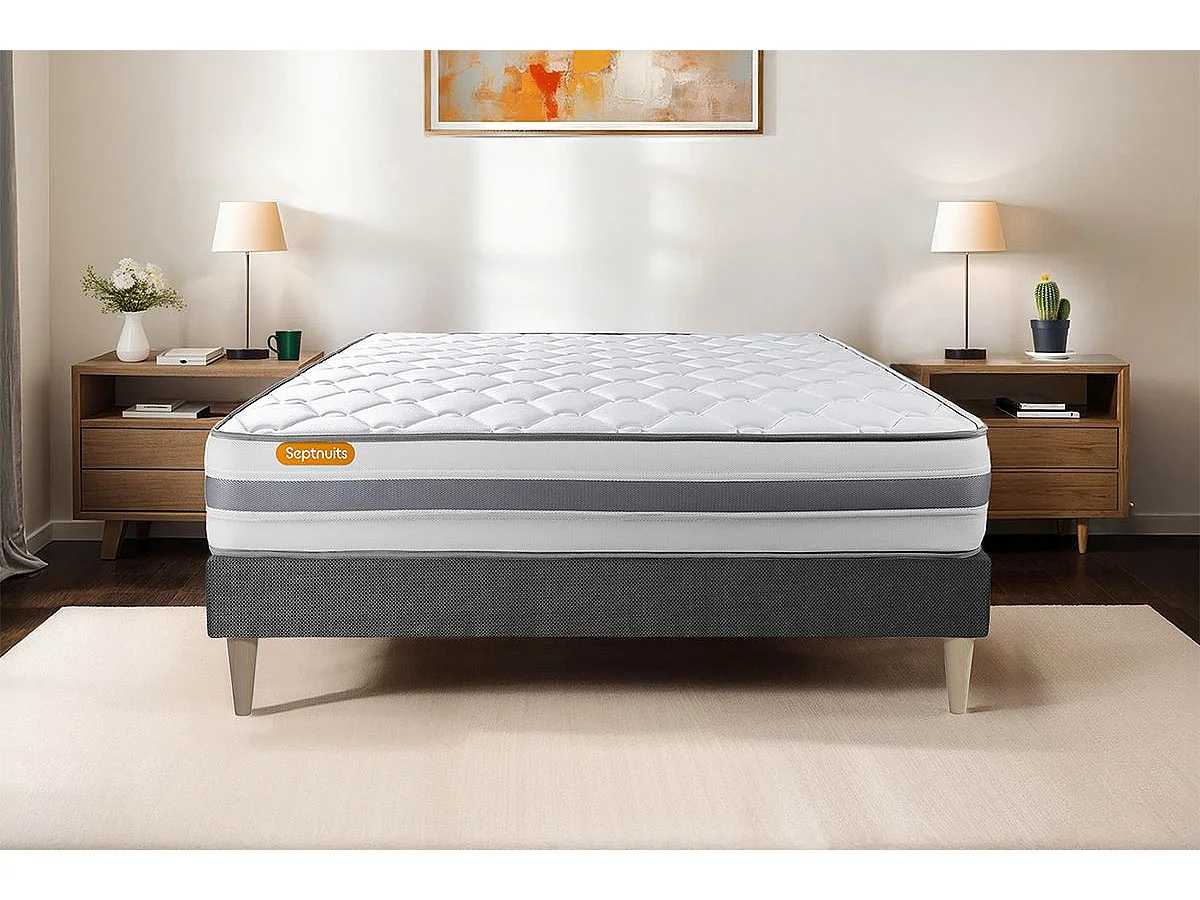 Matelas + sommier gris 90x200 Memo Spring Ressorts ensachés 3 zones de confort MAXI épaisseur