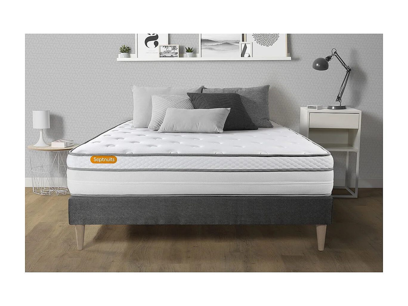 Matelas + sommier kit gris 140x200 Memo Luxe Ressorts ensachés + mémoire de forme MAXI épaisseur