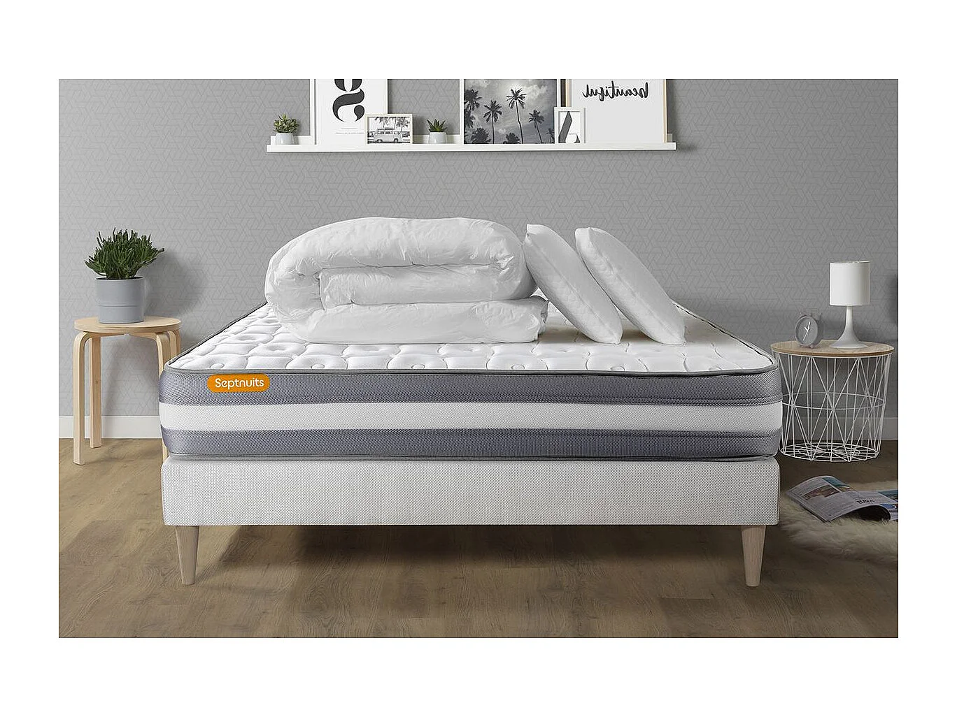 PACK matelas + sommier kit blanc 180x200 Memo Plus Mémoire de forme + 2 oreillers + couette