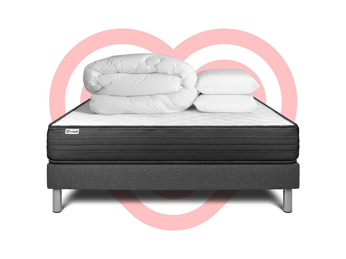 Compleet bedpakket - Matras 160x200 cm + Boxspring met lattenbodem (in kit) + 2 kussens + Dekbed - Vitalpower