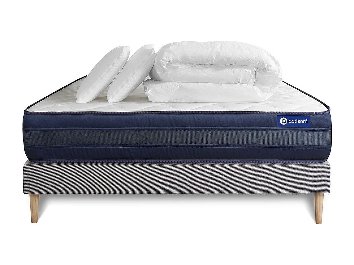 Pack prêt à dormir matelas ACTIFLEX TECH 140x190 Mémoire de forme Maxi épaisseur + sommier KIT gris + 2 oreillers + couette