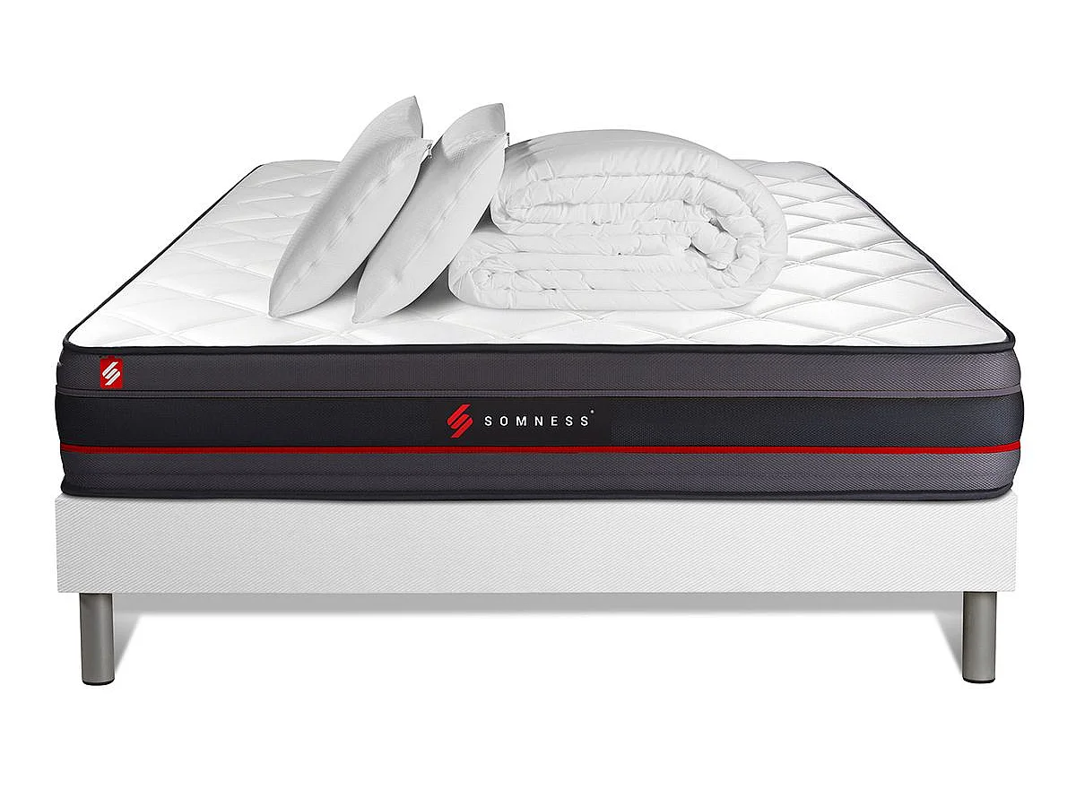 Pack prêt à dormir 180x200 matelas REGEN à mémoire de forme + sommier kit blanc + Couette 260x240cm + 2 oreillers 60x40cm