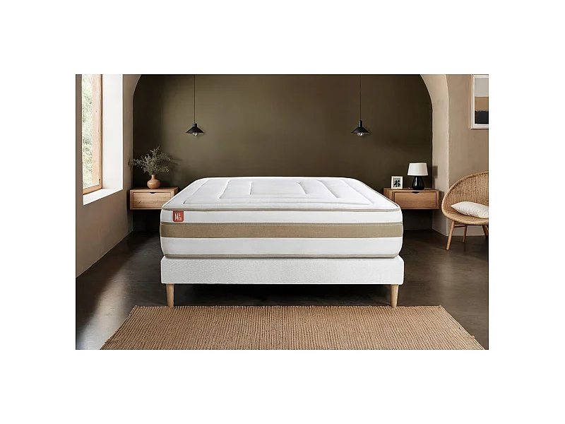 Ensemble LE RAFFINÉ 160x200cm Ressorts ensachés + Mémoire de forme BioVisco - Maxi épaisseur 26cm + sommier kit Blanc