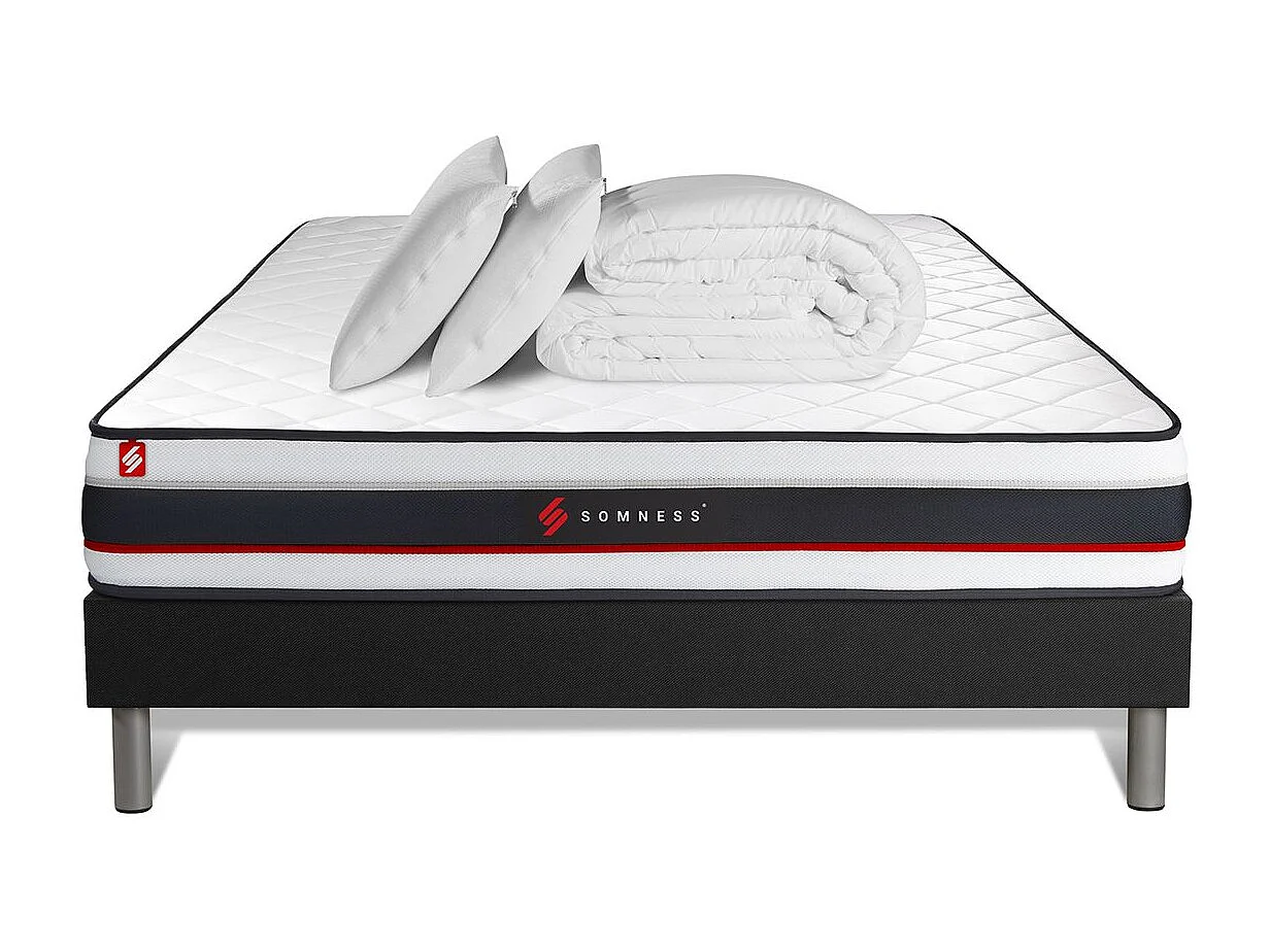 Pack prêt à dormir 140x190 matelas FORM + sommier kit noir + 2 oreillers mémoire de forme 60x40cm + Couette Percale 240x220 cm