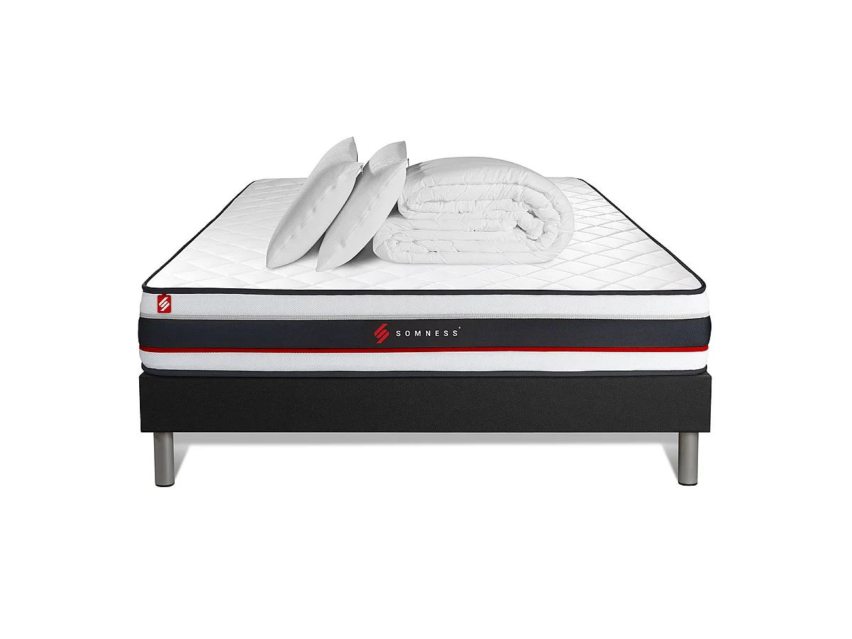 Pack prêt à dormir 140x190 matelas FORM + sommier kit noir + 2 oreillers mémoire de forme 60x40cm + Couette Percale 240x220 cm