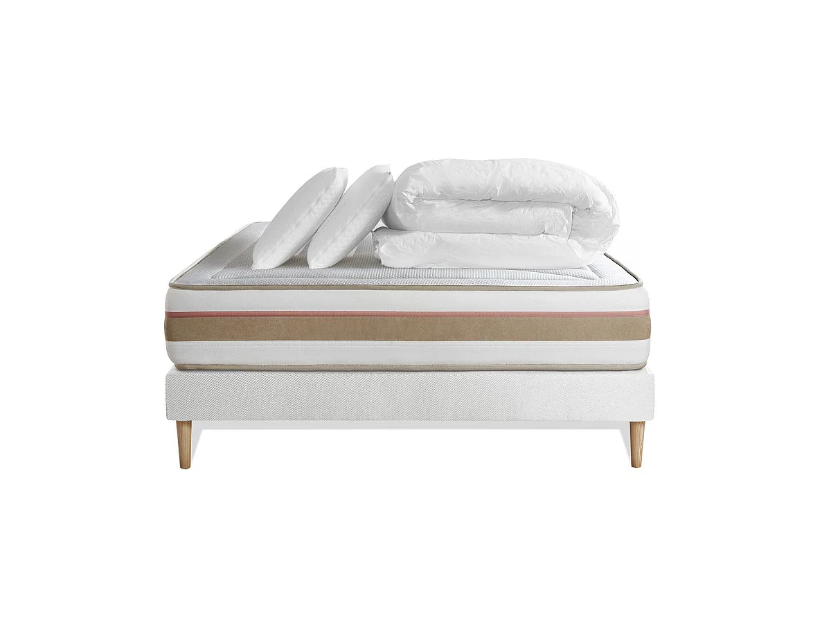 Pack prêt à dormir matelas LE TENDRE 140x200cm Ressorts ensachés + Mémoire de forme + sommier kit Blanc