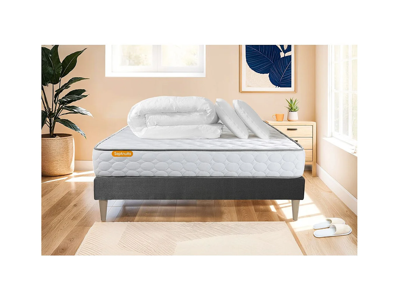 Pack matelas Memo + sommier gris 160x200 + 2 oreillers mémoire de forme