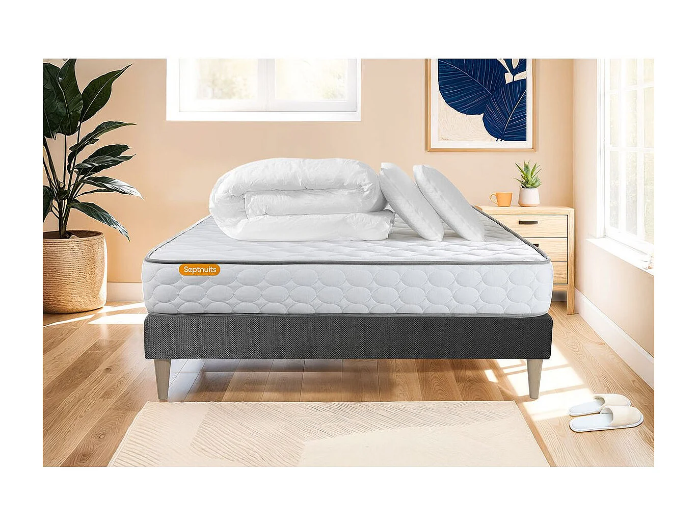 Pack matelas Memo + sommier gris 160x200 + 2 oreillers mémoire de forme