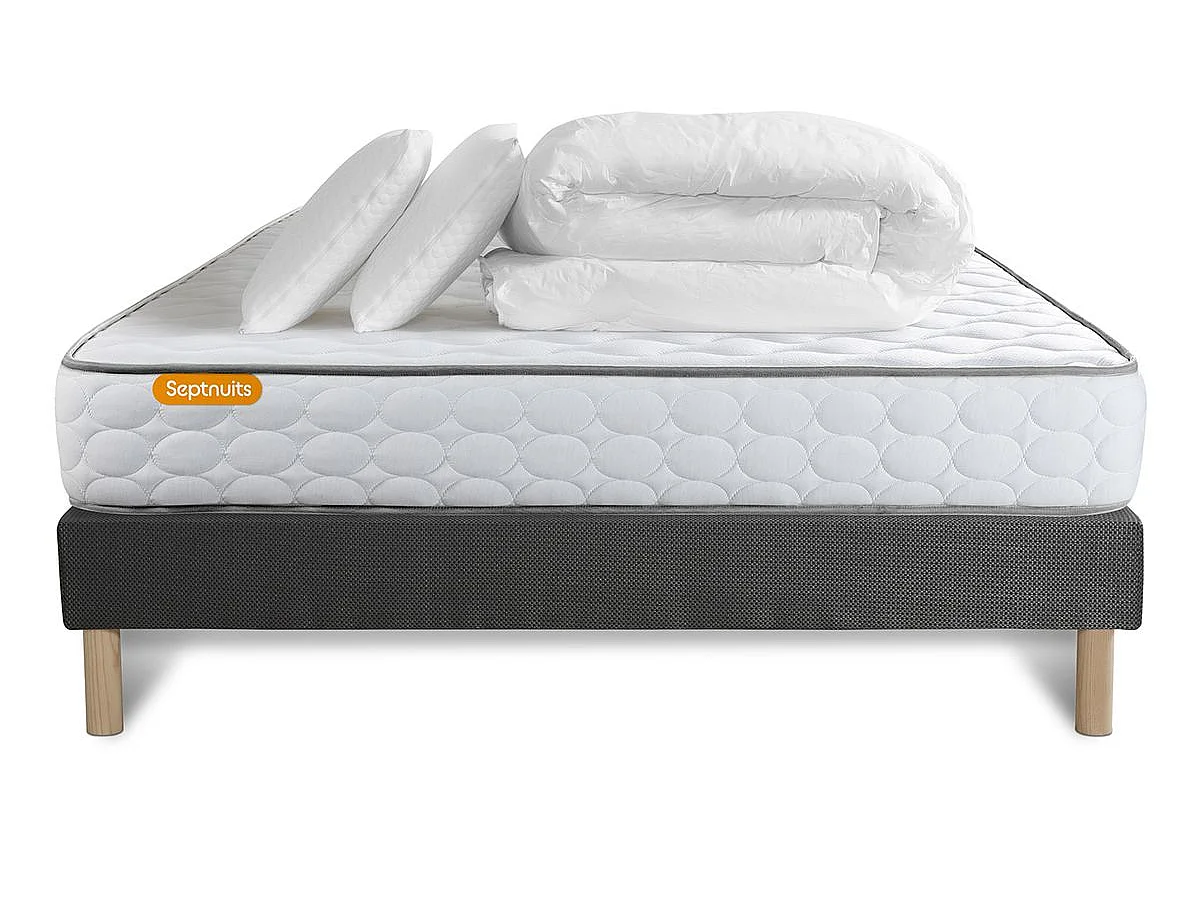 Pack matelas Memo + sommier gris 160x200 + 2 oreillers mémoire de forme