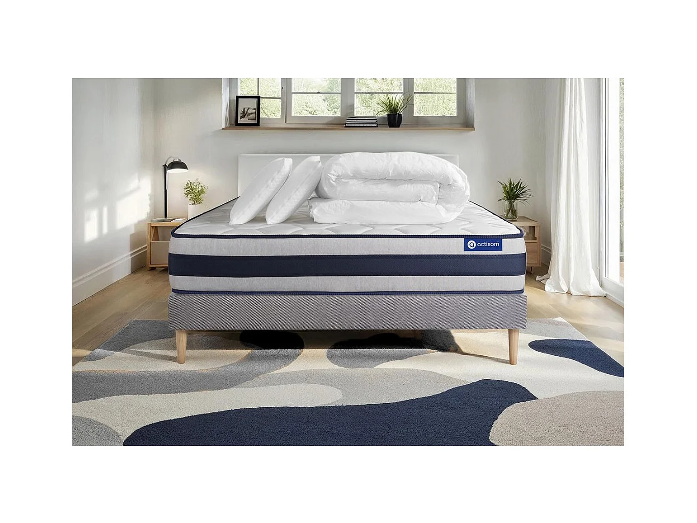 Pack prêt à dormir matelas Mémoire de forme ACTIMEMO ERGO 200x200 cm Maxi épaisseur + sommier KIT gris + 2oreillers +couette