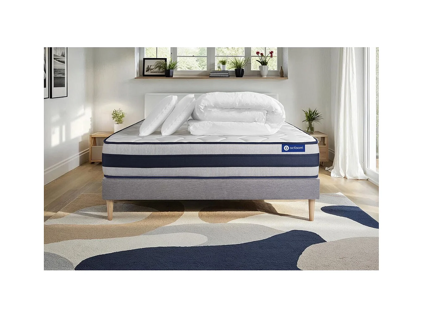 Pack prêt à dormir matelas Ressorts ensachés + Mémoire de forme ACTIFLEX ERGO 160x200 + sommier KIT gris +2oreillers+couette
