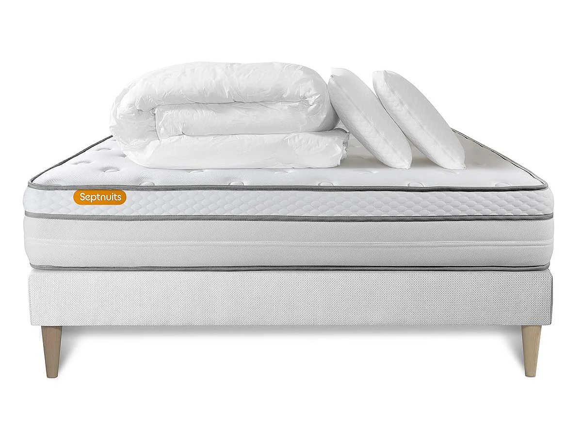 Pack matelas + sommier kit blanc 140x200 Memo Luxe Ressorts ensachés + mémoire de forme + Couette + 2 oreillers