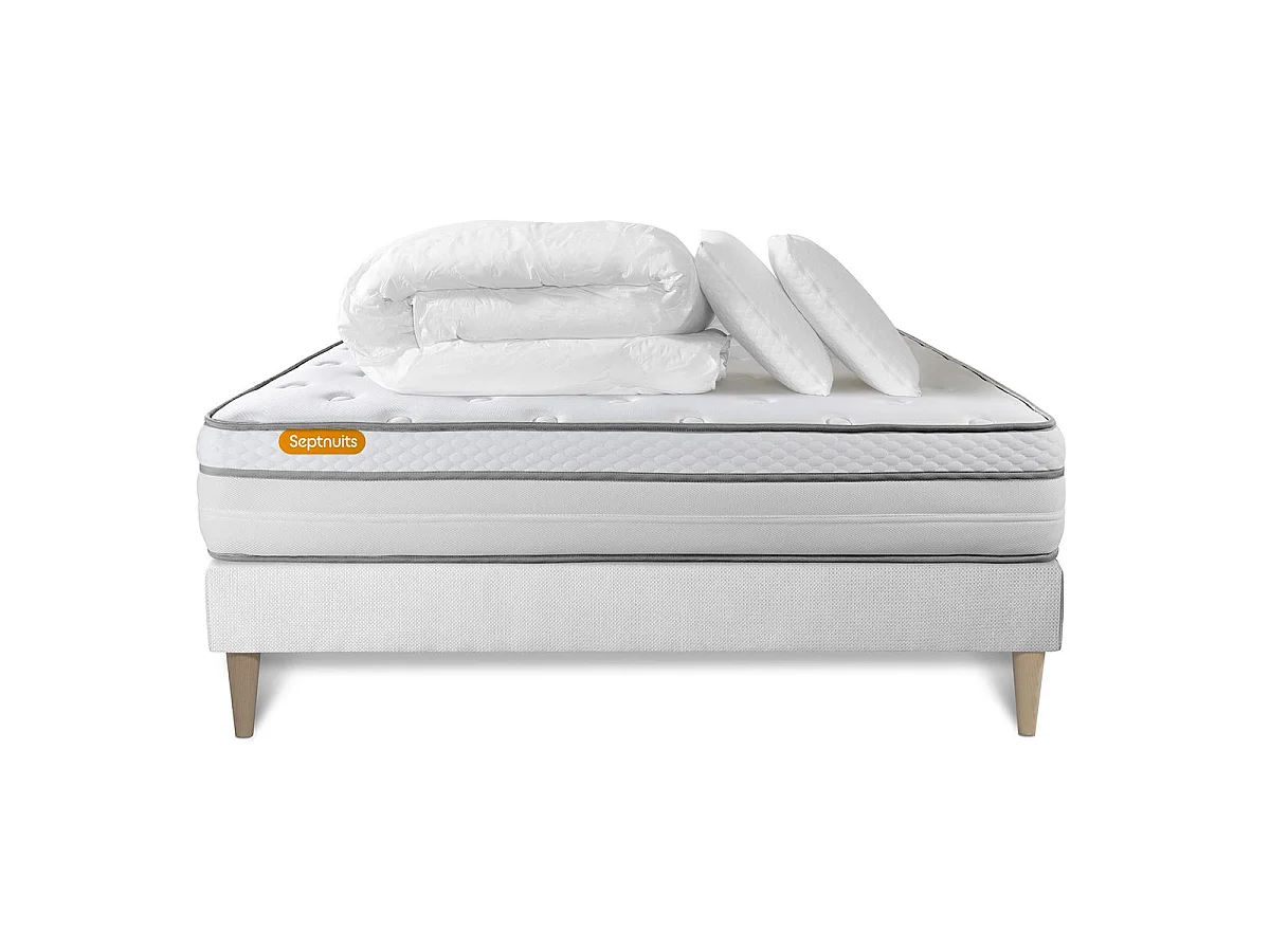 Pack matelas + sommier kit blanc 140x200 Memo Luxe Ressorts ensachés + mémoire de forme + Couette + 2 oreillers