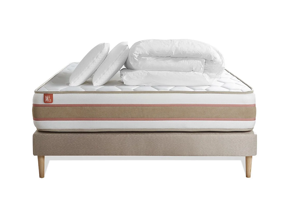 Pack prêt à dormir matelas LE DÉLICAT 140x200 Ressorts ensachés et Mémoire de forme + sommier Beige