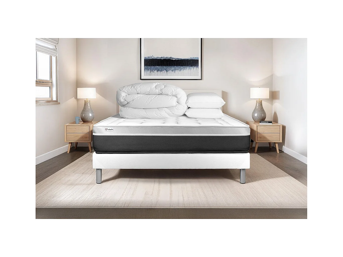 Compleet bedpakket - Matras 140x190 cm + Boxspring met lattenbodem (in kit) + 2 kussens + Dekbed - Vital Soft
