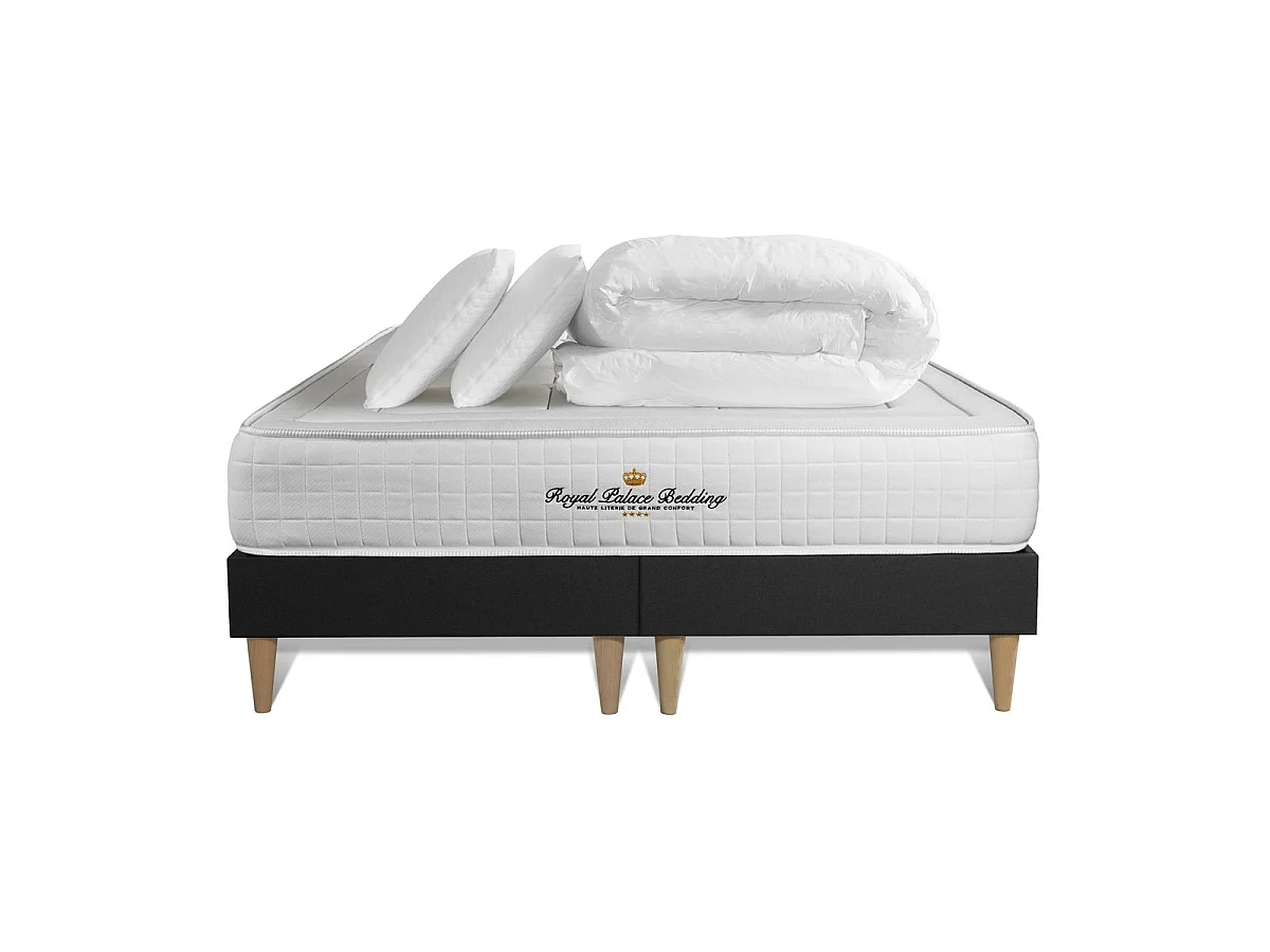 Pack matelas à mémoire de forme maxi épaisseur Balmoral 160x200cm + double sommier Noir 80x200 cm + 2 oreillers + 1 couette
