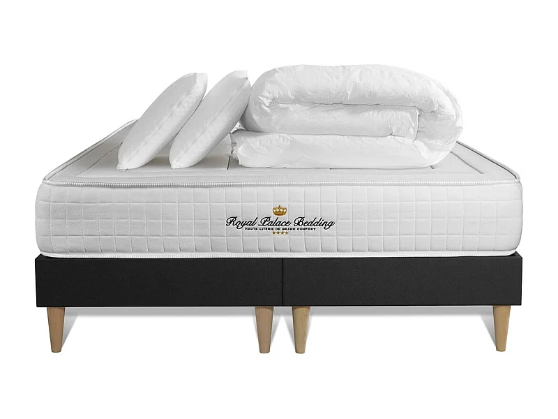 Pack matelas à mémoire de forme maxi épaisseur Balmoral 160x200cm + double sommier Noir 80x200 cm + 2 oreillers + 1 couette