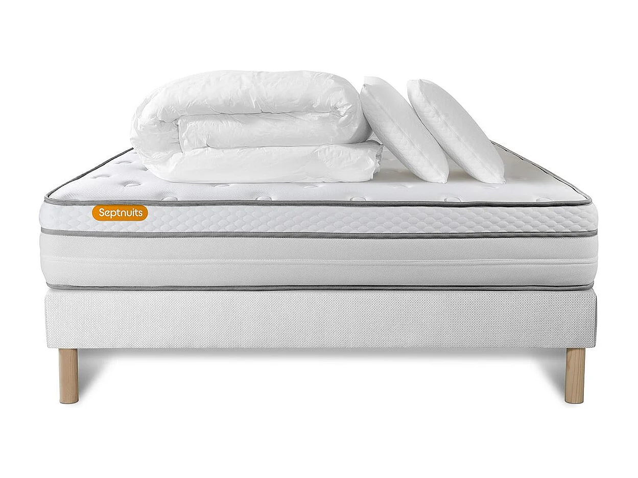 Pack matelas + sommier 140x190 Memo Luxe Ressorts ensachés + mémoire de forme 5 zones de confort MAXI épaisseur
