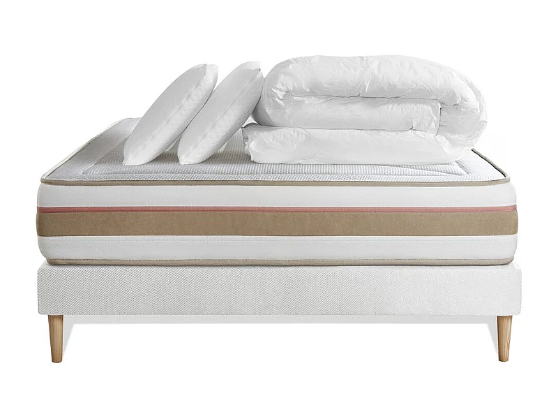 Pack prêt à dormir matelas LE TENDRE 140x200 Ressorts ensachés + Mémoire de forme + sommier Blanc + 2 oreillers + couette
