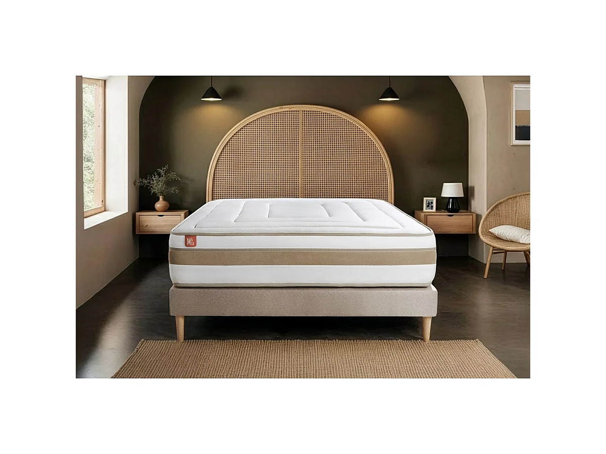Ensemble LE RAFFINÉ 90x200cm Ressorts ensachés + Mémoire de forme BioVisco - Maxi épaisseur 26cm + sommier Beige