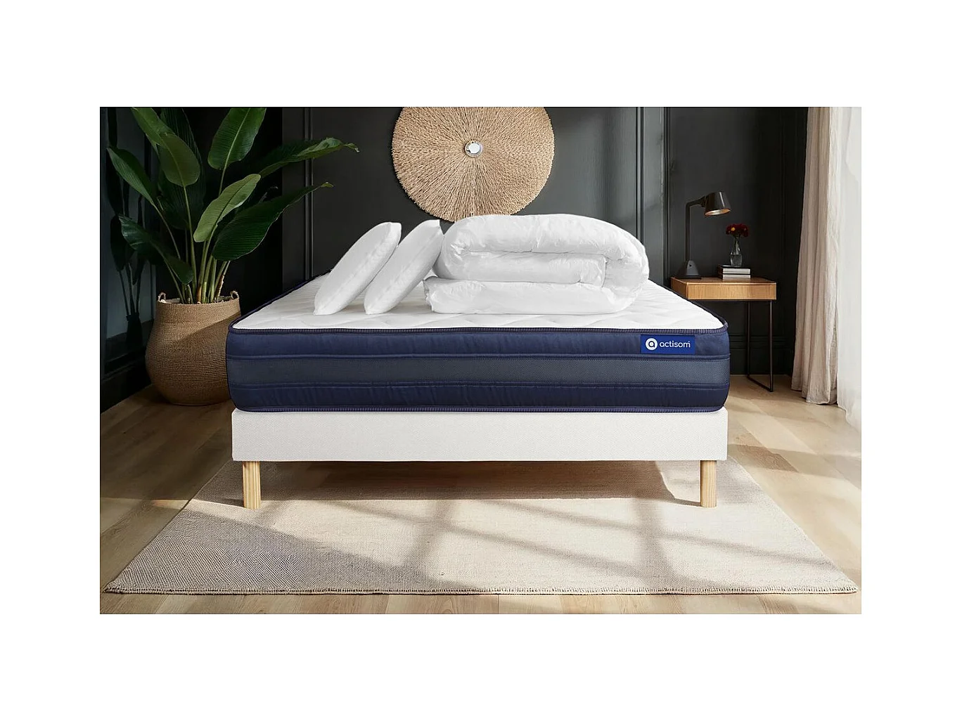 Pack prêt à dormir matelas ACTIMEMO TECH 180x200 Mémoire de forme 5zones de confort + sommier KIT blanc + 2oreillers +couette