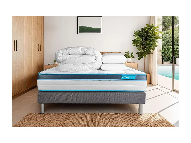 Pack 140x200 matelas BodyFit + sommier kit gris + Couette 240x220cm + 2 oreillers 60x40cm