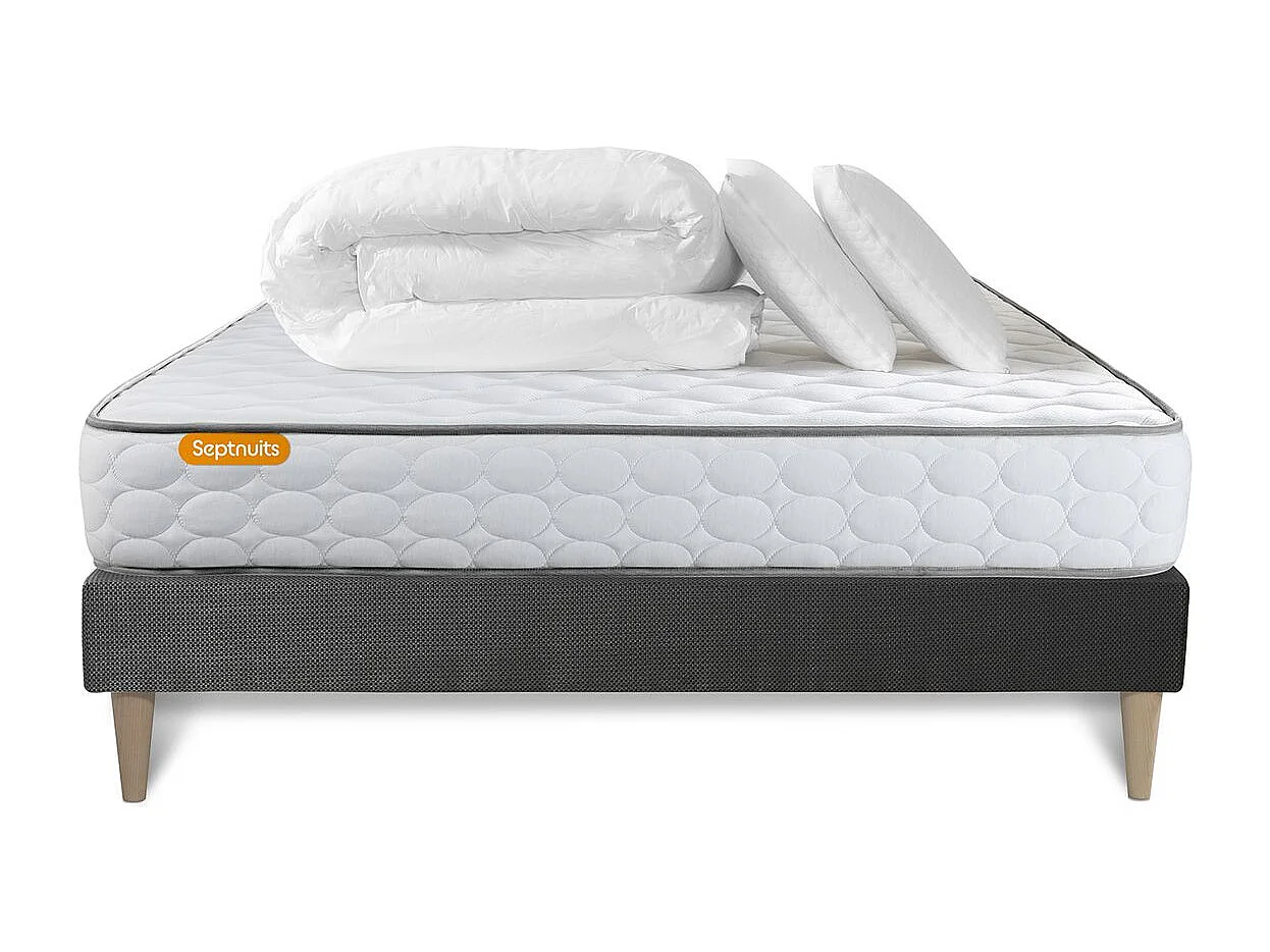 Pack matelas Memo + sommier kit gris 140x190 + 2 oreillers mémoire de forme