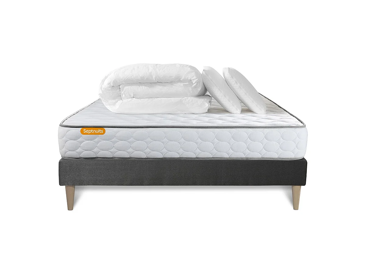 Pack matelas Memo + sommier kit gris 140x190 + 2 oreillers mémoire de forme