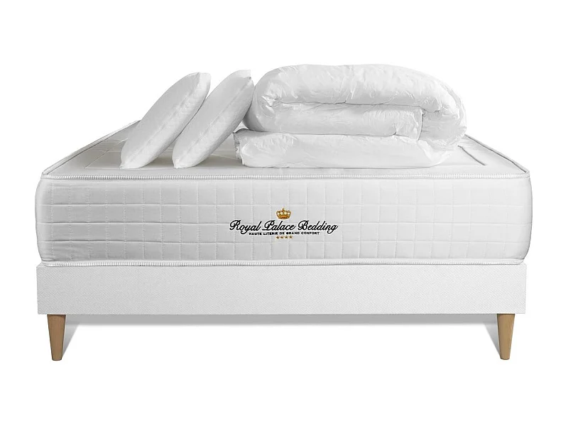 Pack matelas ressorts ensachés sommier KIT blanc + mémoire de forme maxi épaisseur Windsor 140x200cm + 2 oreillers + 1 couette 2