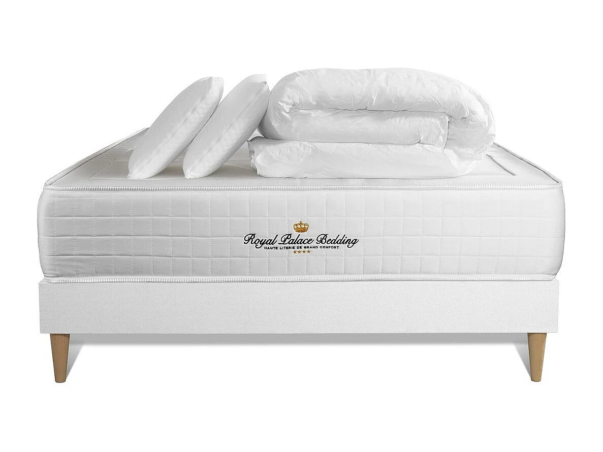 Pack matelas ressorts ensachés sommier KIT blanc + mémoire de forme maxi épaisseur Windsor 140x200cm + 2 oreillers + 1 couette 2
