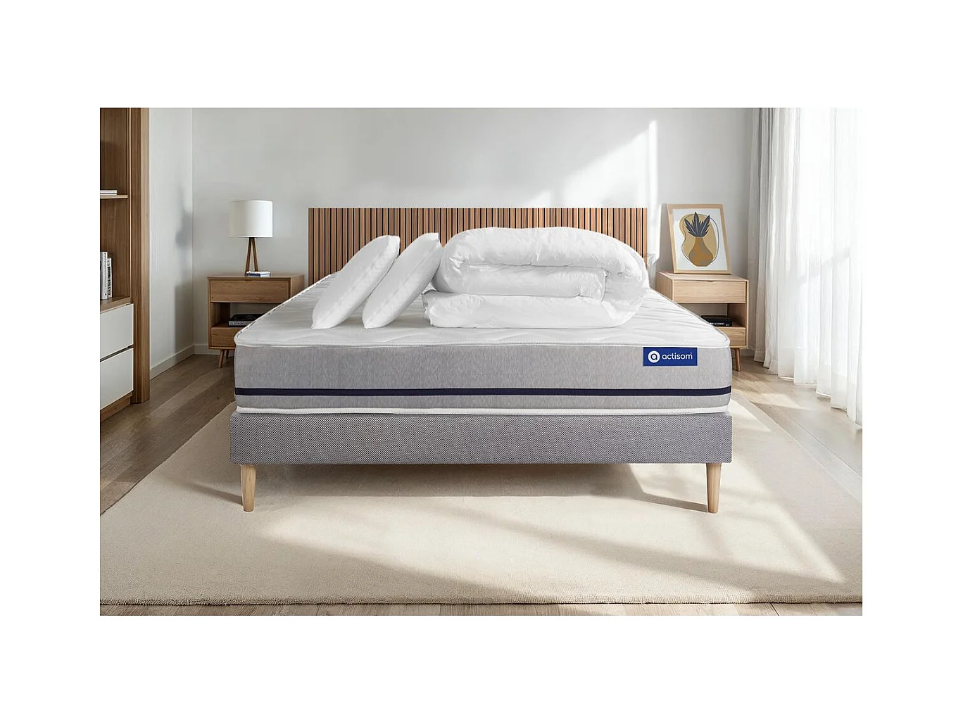 Pack prêt à dormir matelas 180x200 ACTILATEX SOFT 3zones de confort + sommier KIT gris + 2 oreillers + couette