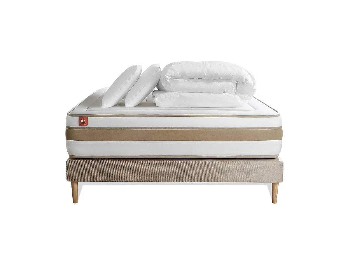 Pack prêt à dormir matelas LE RAFFINÉ 160x200cm Ressorts ensachés + Mémoire de forme BioVisco + sommier kit Beige