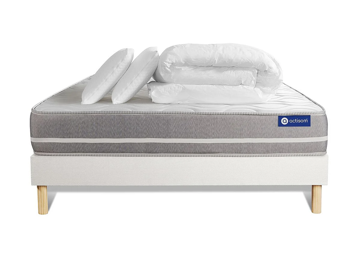 Pack prêt à dormir matelas Mémoire de forme ACTIMEMO TOUCH 140x200 3zones confort + sommier KIT blanc + 2 oreillers + couette