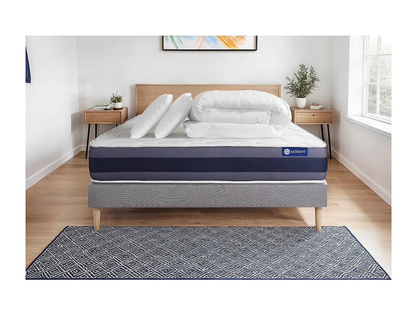 Pack prêt à dormir matelas Mémoire de forme ACTIMEMO MORPHO 200x200 5zones confort + sommier KIT gris + 2 oreillers +couette