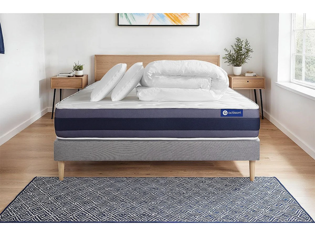 Pacchetto letto completo - Materasso 200x200cm + Box spring con doghe (kit) + 2 cuscini + Piumino - Actimemo Morpho