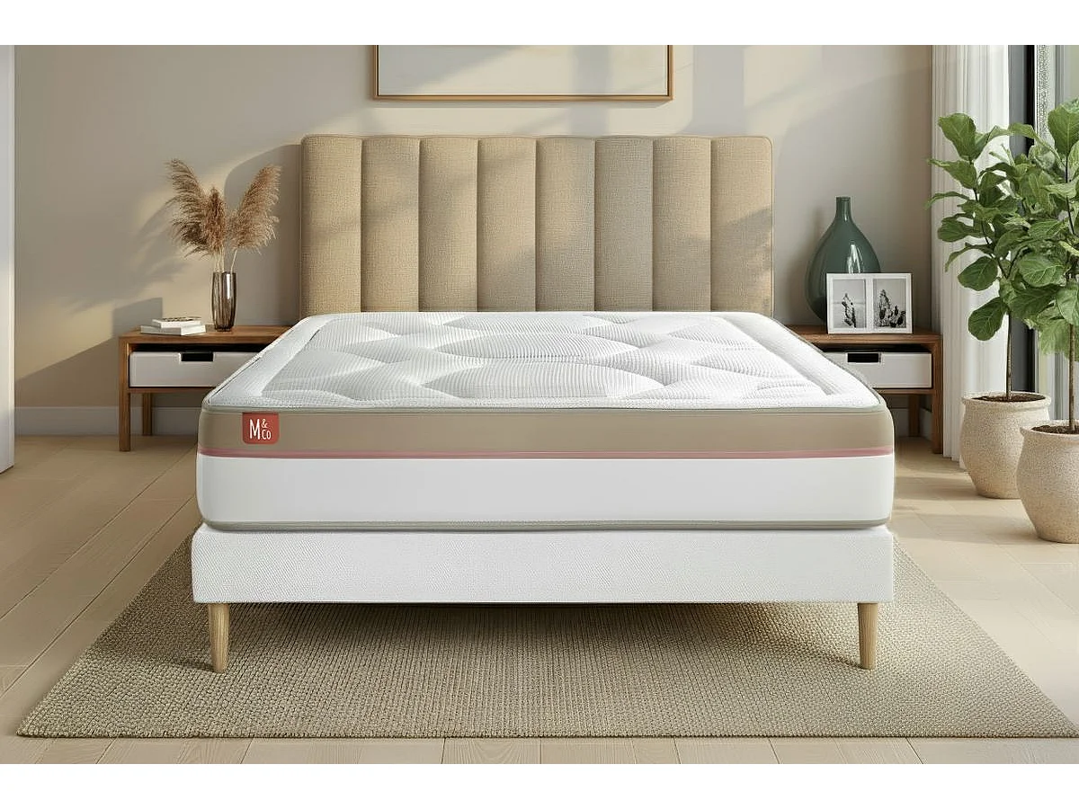 Ensemble LE COSY 200x200cm Mémoire de forme 7 zones de confort - Ep. 30cm + sommier kit Blanc