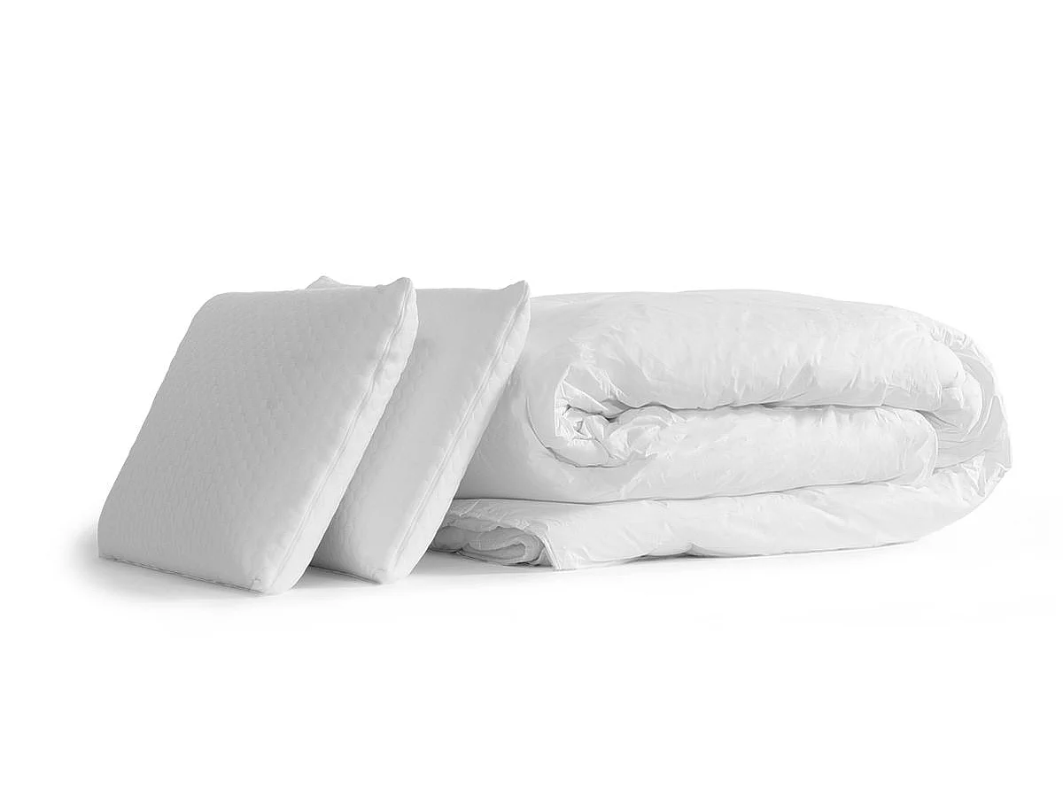 Pack sommier + matelas FORM 140x190 + 2 oreillers mémoire de forme + Couette Percale