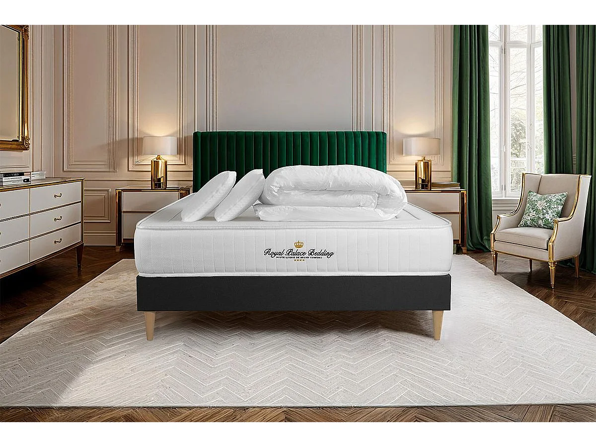 Pack matelas LANCASTER 140x200 + sommier noir + Couette + 2 oreillers