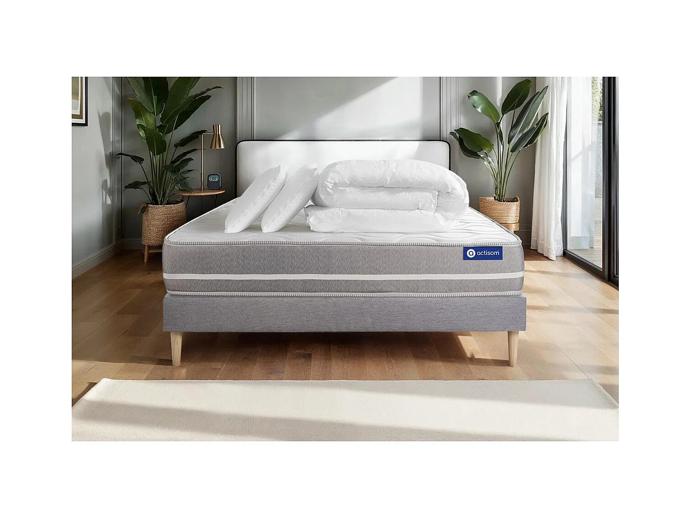 Pack prêt à dormir matelas Ressorts ensachés ACTIFLEX TOUCH 140x190 3zones confort + sommier KIT gris + 2 oreillers +couette