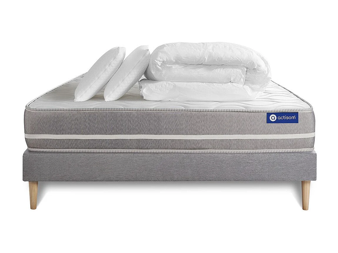 Pack prêt à dormir matelas Ressorts ensachés ACTIFLEX TOUCH 140x190 3zones confort + sommier KIT gris + 2 oreillers +couette