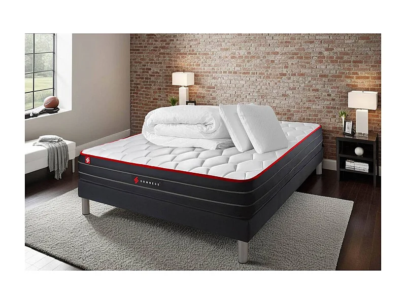 Pack matelas BOOST 140x200 + sommier noir + Couette + 2 oreillers